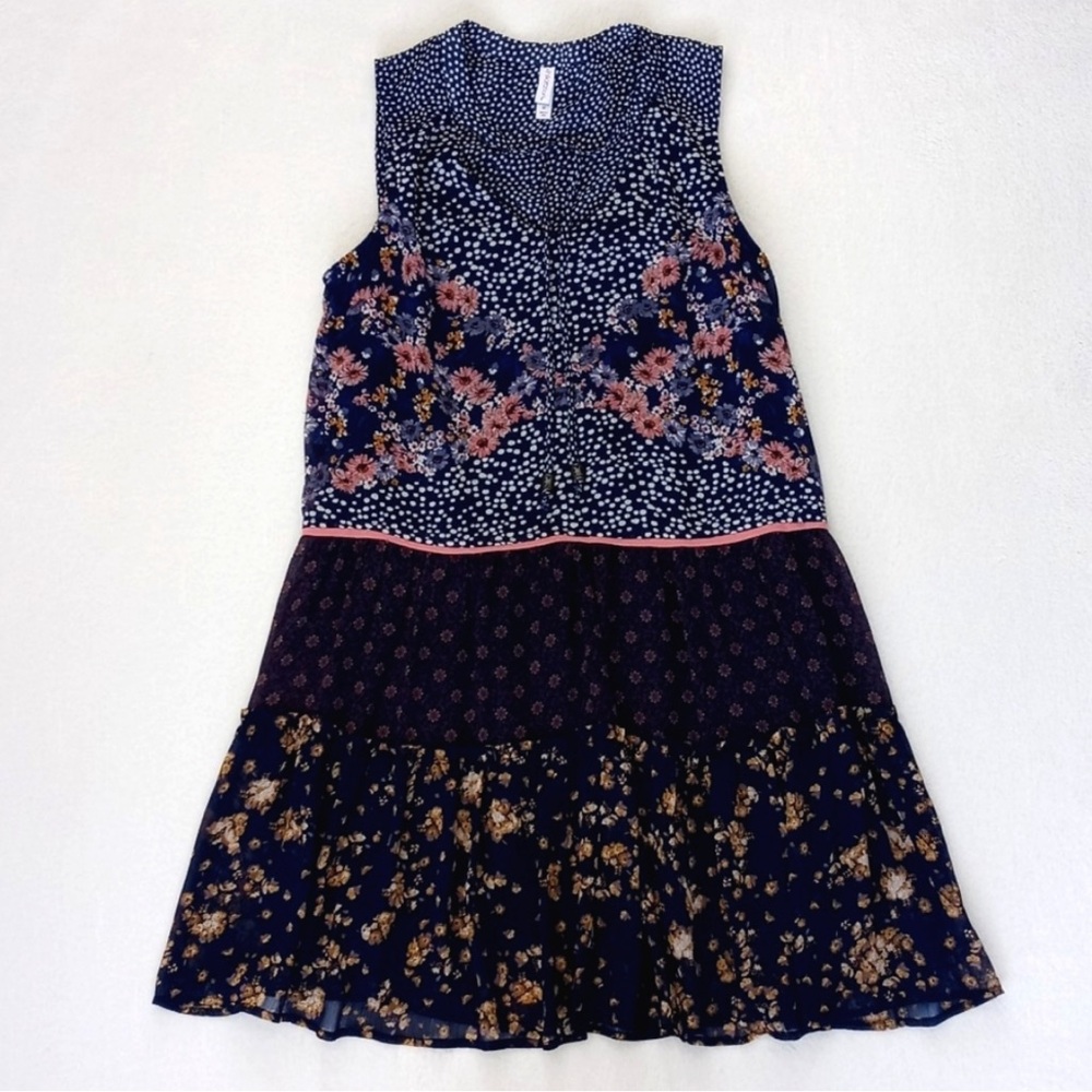 Xihilaration Women's Blue Pink Patchwork Floral Boho Babydoll Sleeveless Dress M
